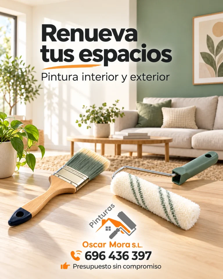 Diseño para redes sociales de Pinturas Óscar Mora con un salón, una brocha y un rodillo, y el mensaje «Renueva tus espacios».